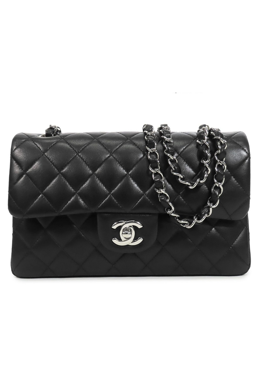 Chanel Chain Black Silver Lambskin Quilted 23 Double Flap Shoulder Bag